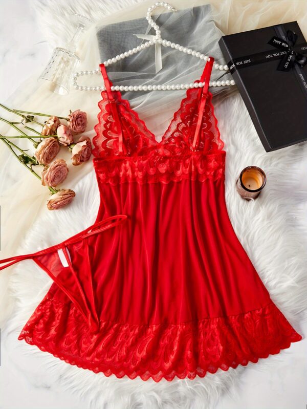 Deep V Spaghetti Straps Backless With Splicing Lace Nightdress And Thongs, Women's Sexy Clothing - Image 3