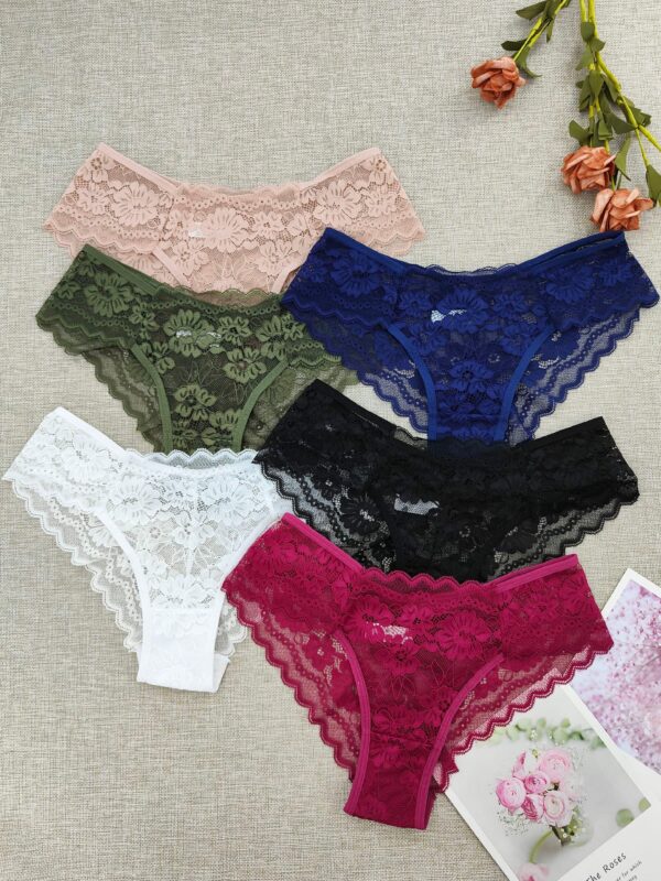 6-Pack Women's Contrast Lace Bikini Underwear - Sexy Semi-Sheer Panties with Delicate Lace Trim, 6 Colors (Beige/Green/Blue/Black/White/Pink), Hand Wash Only, Intimate Apparel | Sexy Lingerie | Variety Pack - Image 3