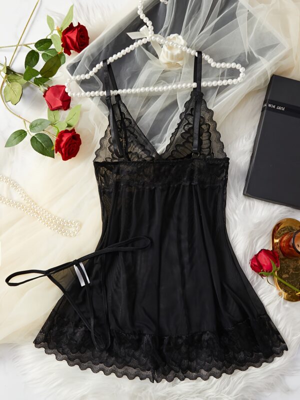 Deep V Spaghetti Straps Backless With Splicing Lace Nightdress And Thongs, Women's Sexy Clothing - Image 4