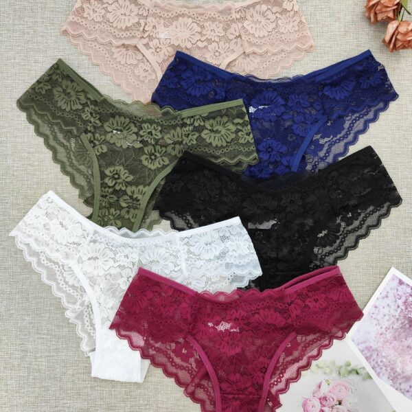 6-Pack Women's Contrast Lace Bikini Underwear - Sexy Semi-Sheer Panties with Delicate Lace Trim, 6 Colors (Beige/Green/Blue/Black/White/Pink), Hand Wash Only, Intimate Apparel | Sexy Lingerie | Variety Pack