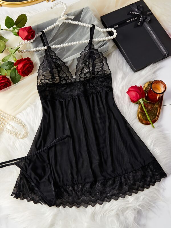 Deep V Spaghetti Straps Backless With Splicing Lace Nightdress And Thongs, Women's Sexy Clothing - Image 2