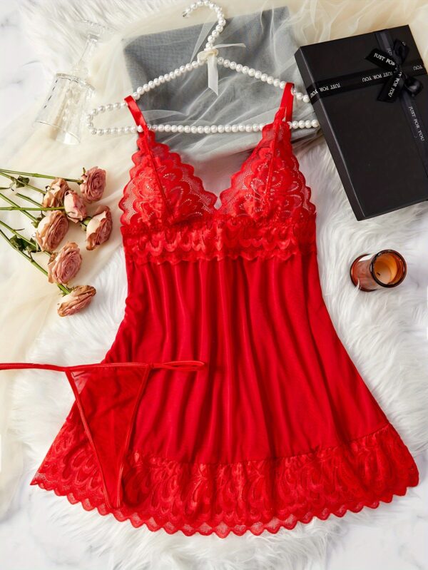 Deep V Spaghetti Straps Backless With Splicing Lace Nightdress And Thongs, Women's Sexy Clothing - Image 5
