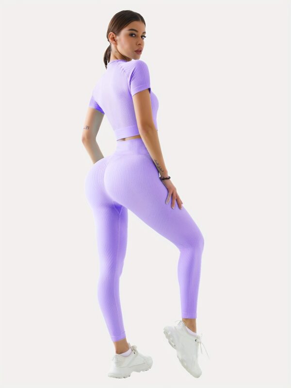 2pcs Outdoor Sports Set - Short Sleeve Crew Neck Top and High Waist Solid Color Running Leggings, Suitable for Yoga and Casual Attire with Medium Elasticity Women'S Workout - Image 10