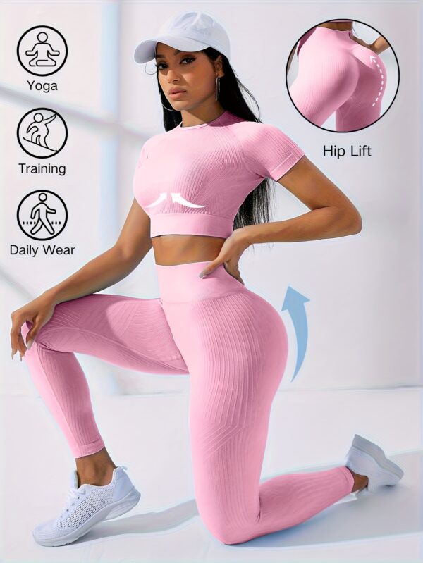 2pcs Outdoor Sports Set - Short Sleeve Crew Neck Top and High Waist Solid Color Running Leggings, Suitable for Yoga and Casual Attire with Medium Elasticity Women'S Workout - Image 8