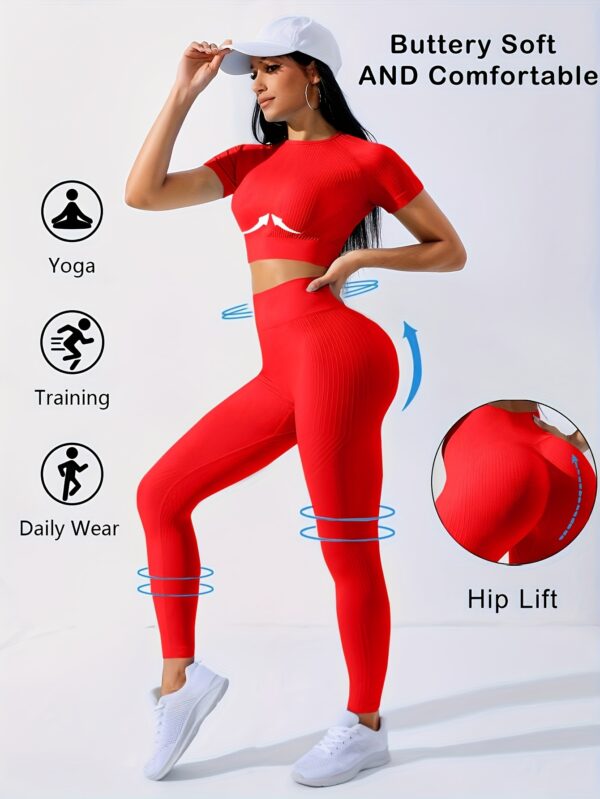 2pcs Outdoor Sports Set - Short Sleeve Crew Neck Top and High Waist Solid Color Running Leggings, Suitable for Yoga and Casual Attire with Medium Elasticity Women'S Workout - Image 9