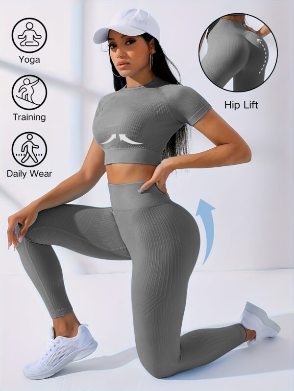 2pcs Outdoor Sports Set - Short Sleeve Crew Neck Top and High Waist Solid Color Running Leggings, Suitable for Yoga and Casual Attire with Medium Elasticity Women'S Workout - Image 3