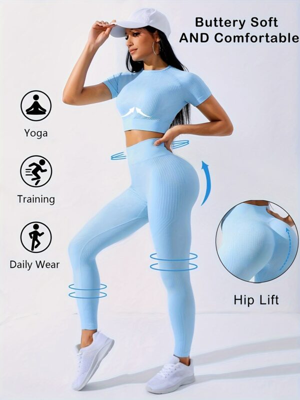 2pcs Outdoor Sports Set - Short Sleeve Crew Neck Top and High Waist Solid Color Running Leggings, Suitable for Yoga and Casual Attire with Medium Elasticity Women'S Workout - Image 6