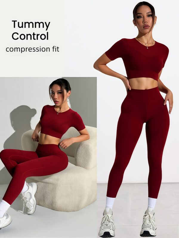 2pcs Women'S High-Waisted Tummy Control Leggings & Short Sleeve Top - Stretchy Cropped Athletic Pants with Elastic Waistband, Solid Color Sportswear for Gym, Yoga, Outdoor Activities, Workout Leggings, Yoga Apparel, Minimalist Design, Highelasticity Fabric - Image 5