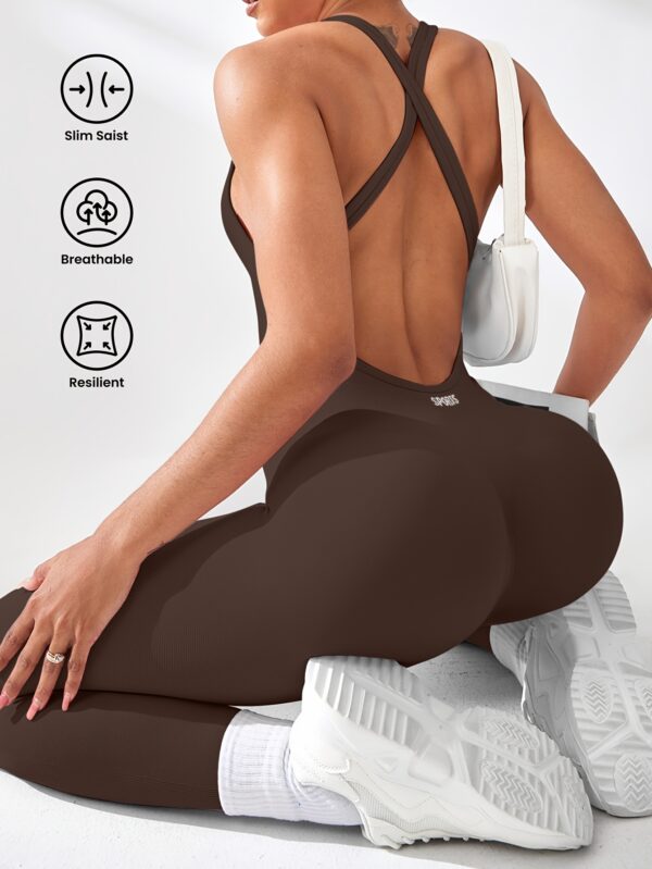 Women's High-Waisted Stretchy Yoga Jumpsuit - Smooth Knit Fabric, Solid Color, Long Sleeve, Round Neck, Machine Washable, Perfect for Sports & Fitness - Image 4