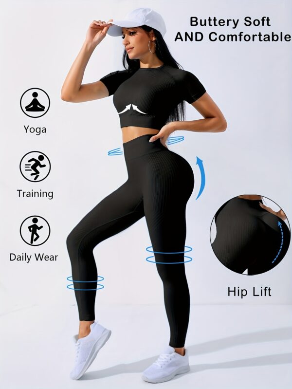2pcs Outdoor Sports Set - Short Sleeve Crew Neck Top and High Waist Solid Color Running Leggings, Suitable for Yoga and Casual Attire with Medium Elasticity Women'S Workout - Image 5