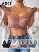 4pcs of mixed color Women's lace underwear, daily bra, no steel ring underwear and bra