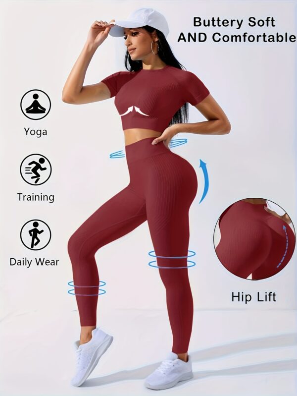 2pcs Outdoor Sports Set - Short Sleeve Crew Neck Top and High Waist Solid Color Running Leggings, Suitable for Yoga and Casual Attire with Medium Elasticity Women'S Workout - Image 7