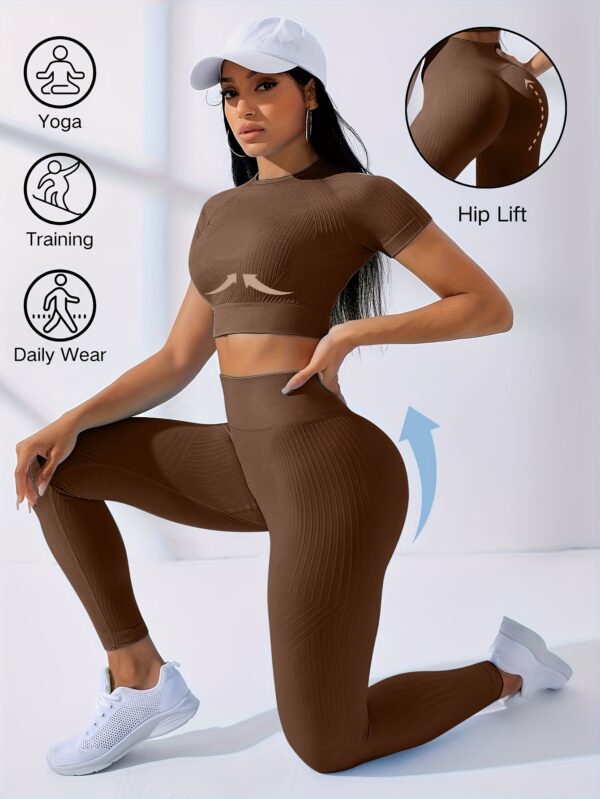 2pcs Outdoor Sports Set - Short Sleeve Crew Neck Top and High Waist Solid Color Running Leggings, Suitable for Yoga and Casual Attire with Medium Elasticity Women'S Workout - Image 4