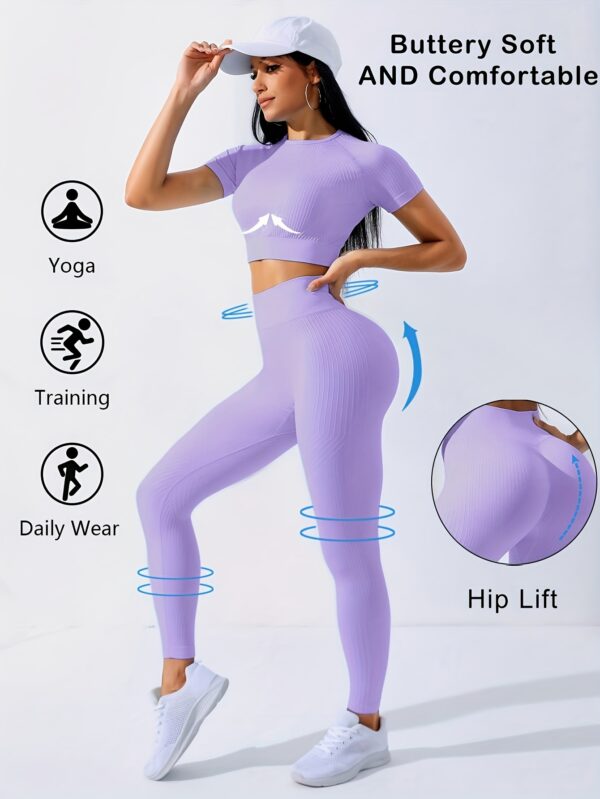2pcs Outdoor Sports Set - Short Sleeve Crew Neck Top and High Waist Solid Color Running Leggings, Suitable for Yoga and Casual Attire with Medium Elasticity Women'S Workout - Image 2